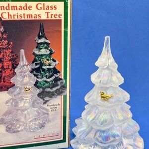 Fenton Art Glass Iridescent Christmas Tree w Gold Partridge Bird 6.25" Boxed